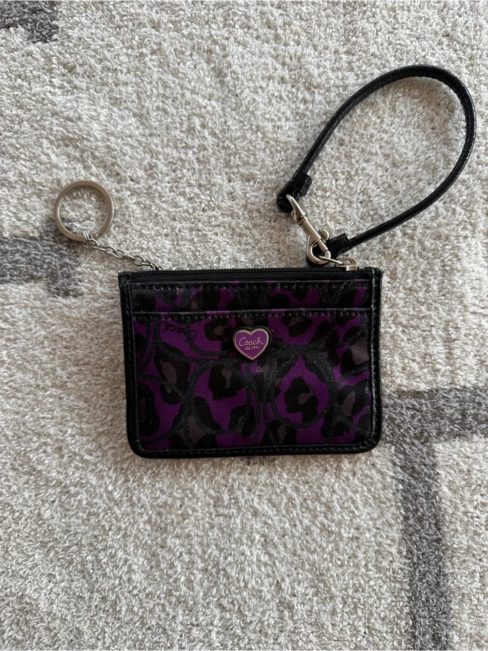 Coach Purple and Black Leopard Print Card Case with Wrist Strap
